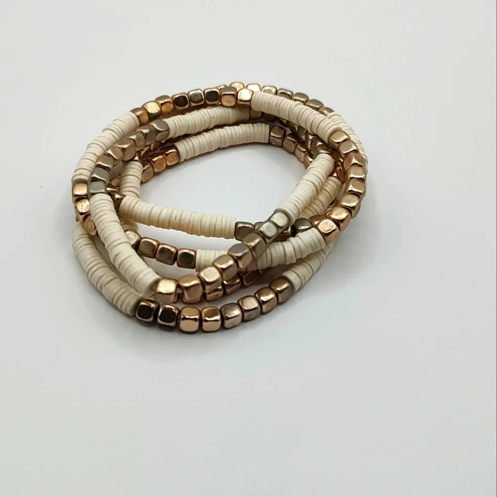 Gold and Cream Beaded Bracelet Set (4 Stretchy Boho Bracelets)